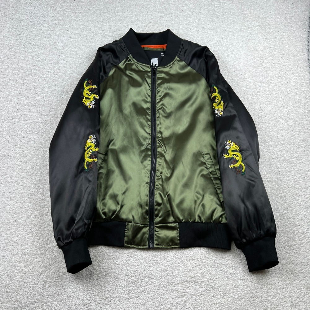 American Stitch Mens XL Bomber Jacket Olive Green Black Dragon Embroidered Satin